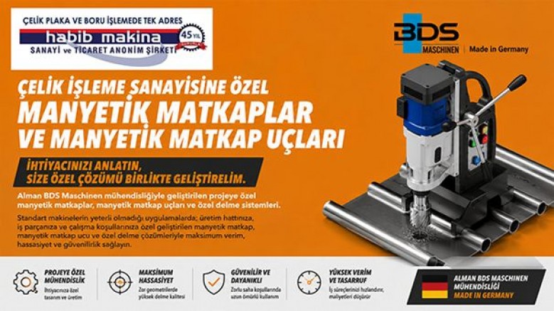 Almanya'nın önde gelen üreticilerinden BDS Maschinen GmbH'nin 30 yıldır Türkiye'deki tek yetkili distribütörü olan Habib Makina, Special Machines & Core Drills ürün grubunu; Türkiye'deki üreticilerin kullanımına sunuyor
